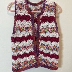 Handmade Crochet Vest in Burgundy, White & Multicolor